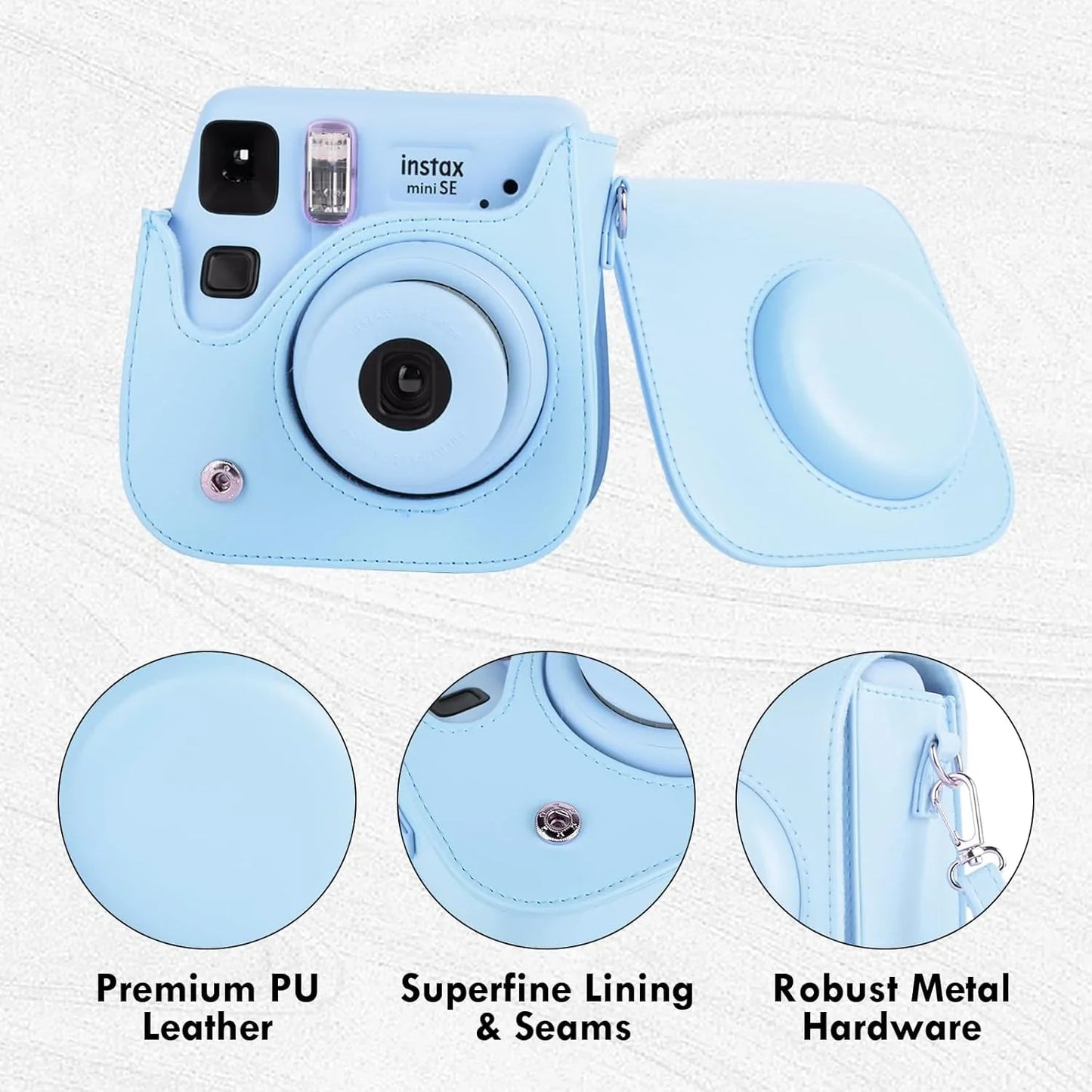 PU Leather Camera Case for Instax Mini SE – Protective Pouch with Adjustable Shoulder Strap - Blue - Jaiman Toys