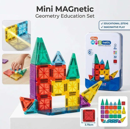 32-Piece Mini Magnetic Building Tiles Set | 3D Translucent Magnetic Construction Blocks | STEM Educational Geometry Learning Toy for Kids