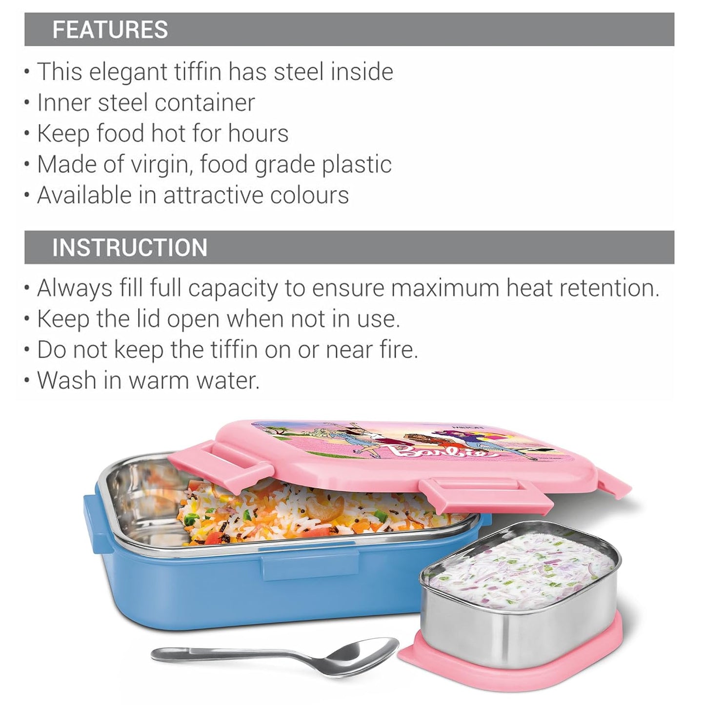 Milton Barbie 700ml Kids Lunch Box with Stainless Steel Inner Container | School Tiffin Box with Steel Snack Container