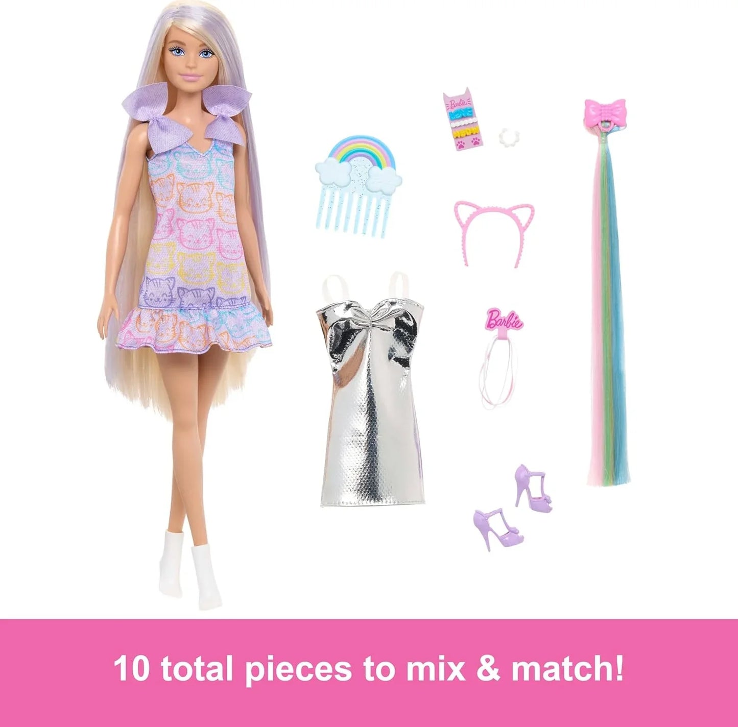 Barbie Fun & Fancy Blonde Fashion Doll – Extra-Long Hair, 2 Stylish Looks, Silver Metallic Dress & Colorful Hair Extension, Doll & Accessories Gift Set - Jaiman Toys