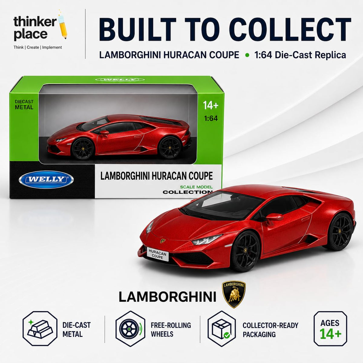 Welly 1:64 Lamborghini Huracan Coupe Red Diecast Metal Model Car | Collectible Supercar for Ages 14+