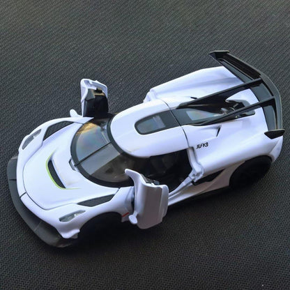 1:32 Koenigsegg Jesko Die-Cast Metal Model Car – Pull Back Toy Car with Openable Doors, Light & Music (White) - Jaiman Toys