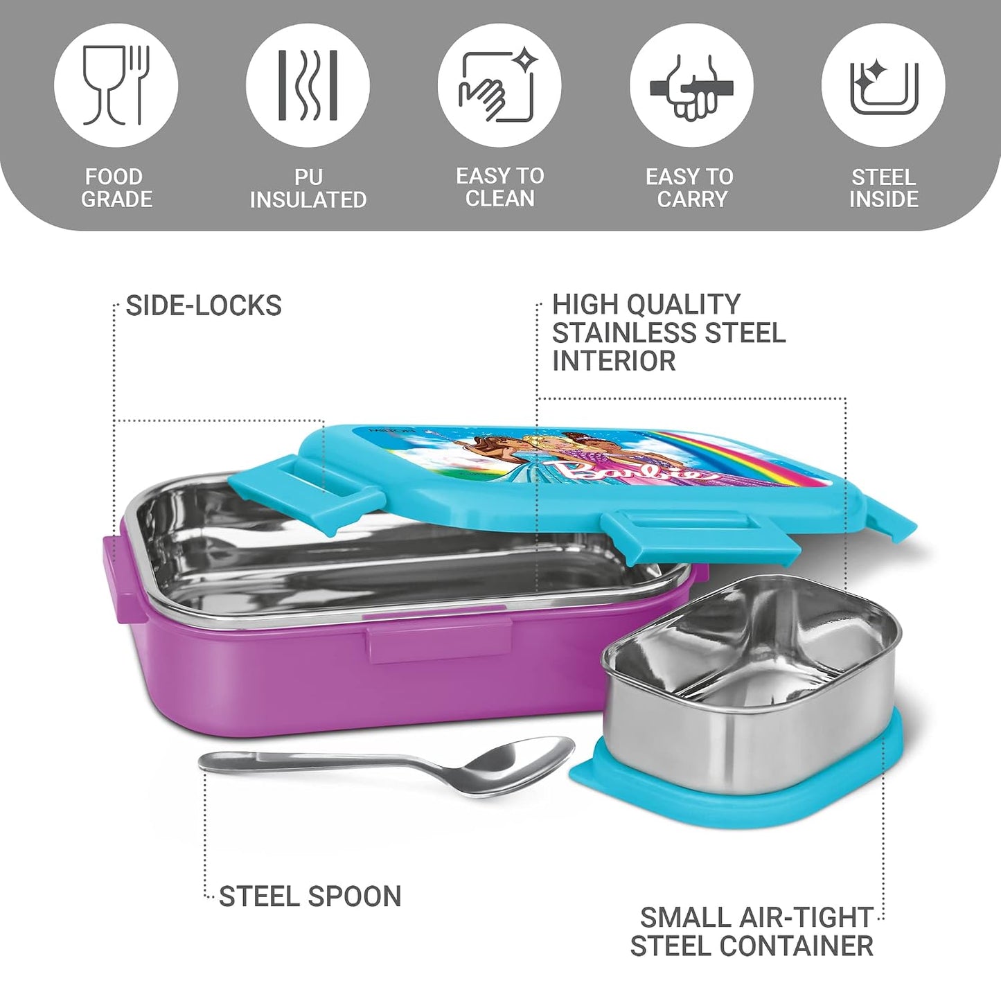 Milton Barbie Kids Lunch Box 700ml | School Tiffin Box with Secure Locking Clips | Portable Food Storage Container for School, Picnic & Travel