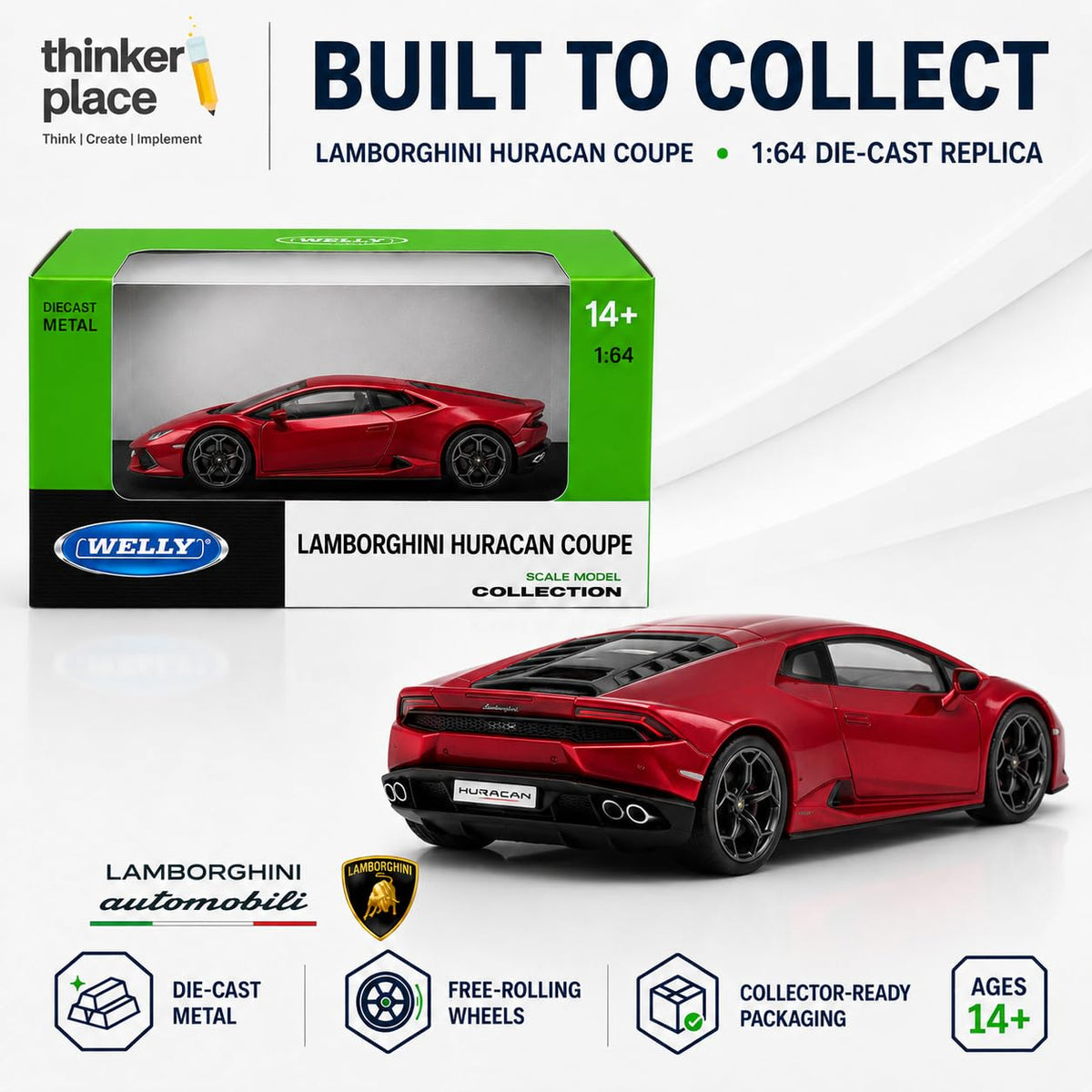 Welly 1:64 Lamborghini Huracan Coupe Red Diecast Metal Model Car | Collectible Supercar for Ages 14+