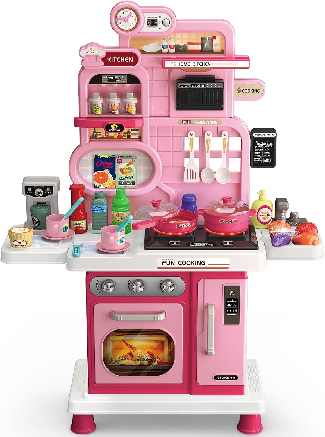 Mini Chef 56 PCS Kids Pretend Play Kitchen Set with Lights, Sounds, Cooking Stove, Sink & Accessories – Pink