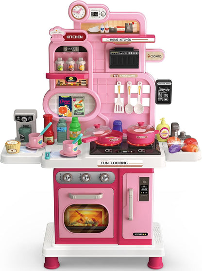 Mini Chef 56 PCS Kids Pretend Play Kitchen Set with Lights, Sounds, Cooking Stove, Sink & Accessories – Pink