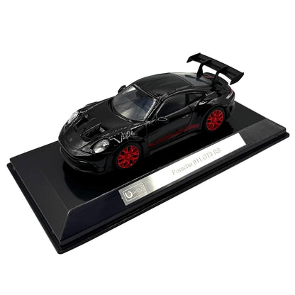 Bburago 1:43 Porsche 911 GT3 RS Die-Cast Model Car | Metal Collectible Sports Car with Red Wheels, Racing Graphics & Display Base – Black, Ages 14+