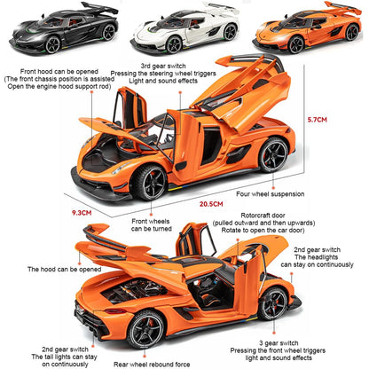 Joy Junction Koenig Smoke 1:24 Scale Die-Cast Hypercar Model with Sound & Light – Pull Back Metal Sports Car Toy for Collectors (Black)