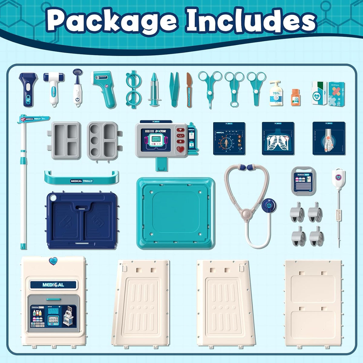 Kids Doctor Center 37 PCS Medical Playset with Doctor Trolley, Stethoscope, Thermometer, Medical Tools, Light & Music | Pretend Play Hospital Doctor Kit for Boys & Girls Ages 3+
