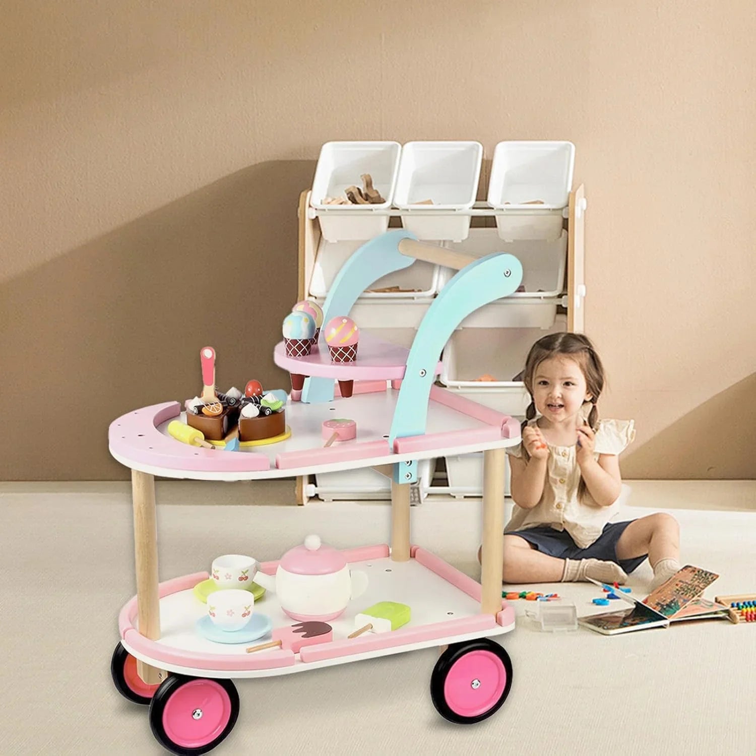 Sweet Treats Wooden Ice Cream & Tea Trolley – Pretend Play Cart for Kids - Jaiman Toys