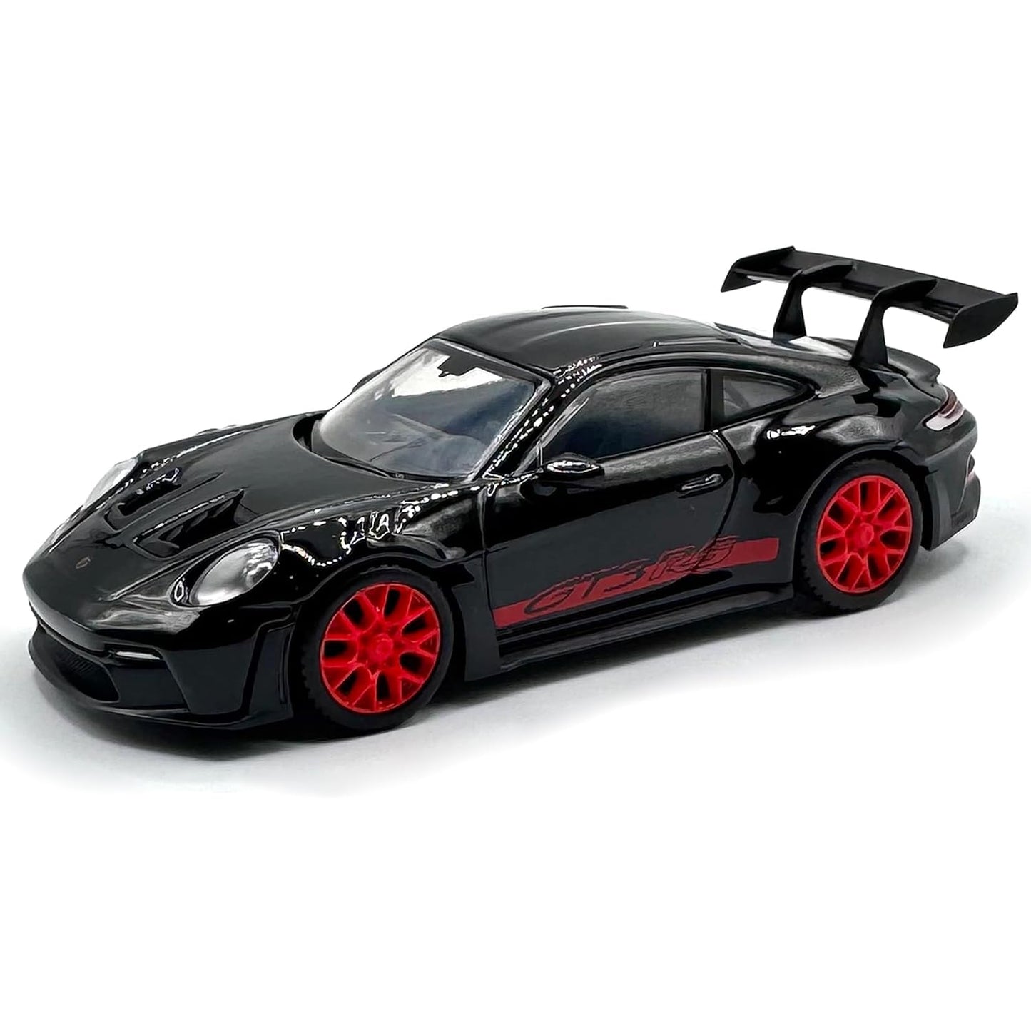 Bburago 1:43 Porsche 911 GT3 RS Die-Cast Model Car | Metal Collectible Sports Car with Red Wheels, Racing Graphics & Display Base – Black, Ages 14+