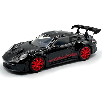 Bburago 1:43 Porsche 911 GT3 RS Die-Cast Model Car | Metal Collectible Sports Car with Red Wheels, Racing Graphics & Display Base – Black, Ages 14+