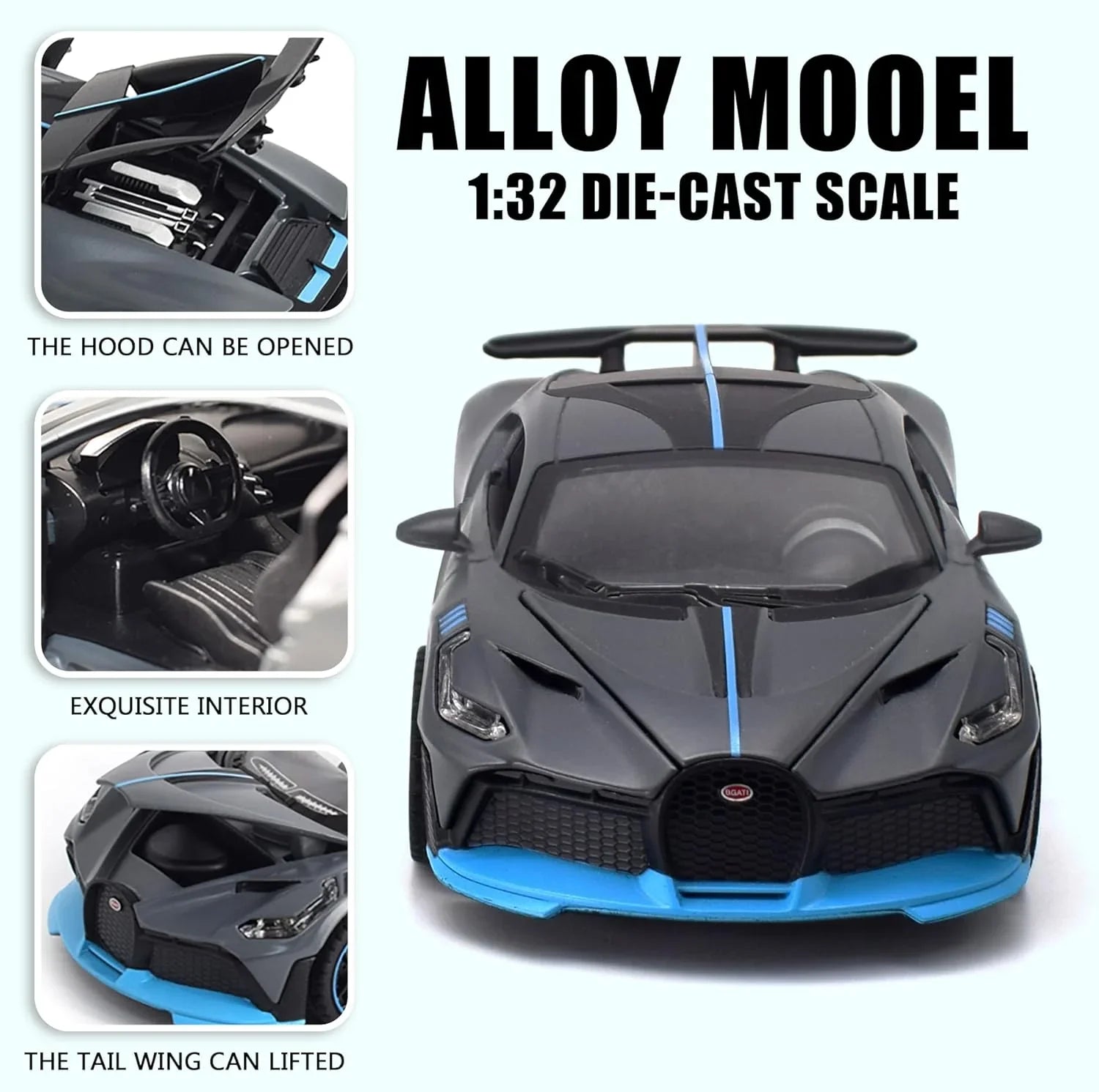 JOY JUNCTION 1:32 Bugatti Divo Die-Cast Metal Toy Car – Pull Back Model Car with Light & Sound for Kids (Grey) - Jaiman Toys