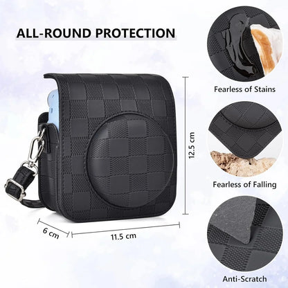 Checkmate Style – Chess Board PU Leather Camera Case for Instax Mini 12 with Adjustable Strap - Black - Jaiman Toys