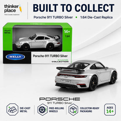 Welly 1:64 Porsche 911 Turbo Silver Die-Cast Metal Model Car