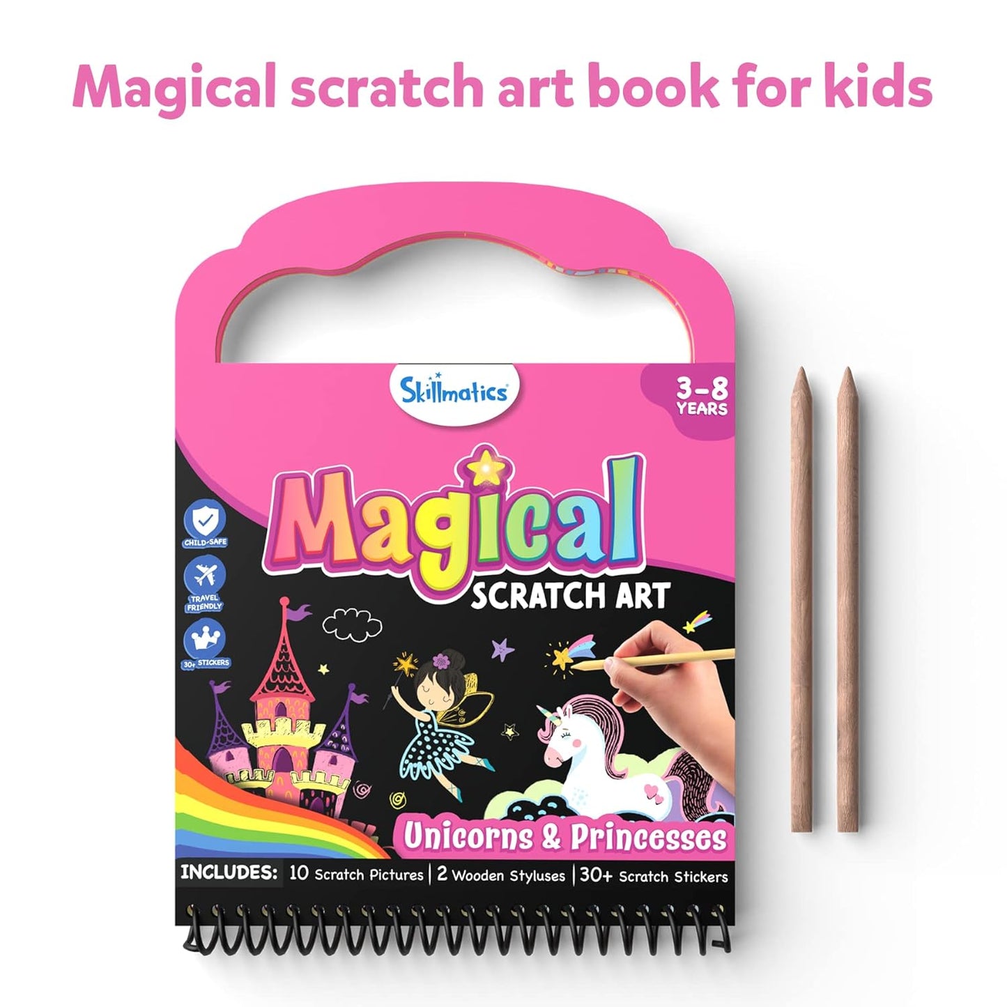 Skillmatics Paper Magical Scratch Art Book - Unicorns & Princesses, Craft Kits, Diy Activity & Stickers, Gifts For Girls & Boys Ages 3, 4, 5, 6, 7, 8, Multicolour