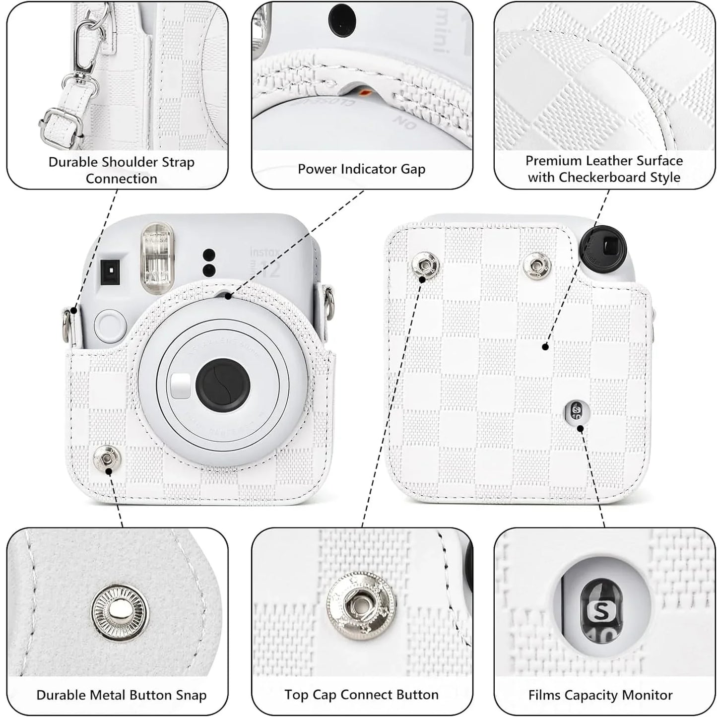 Checkmate Style – Chess Board PU Leather Camera Case for Instax Mini 12 with Adjustable Strap - Clay White - Jaiman Toys