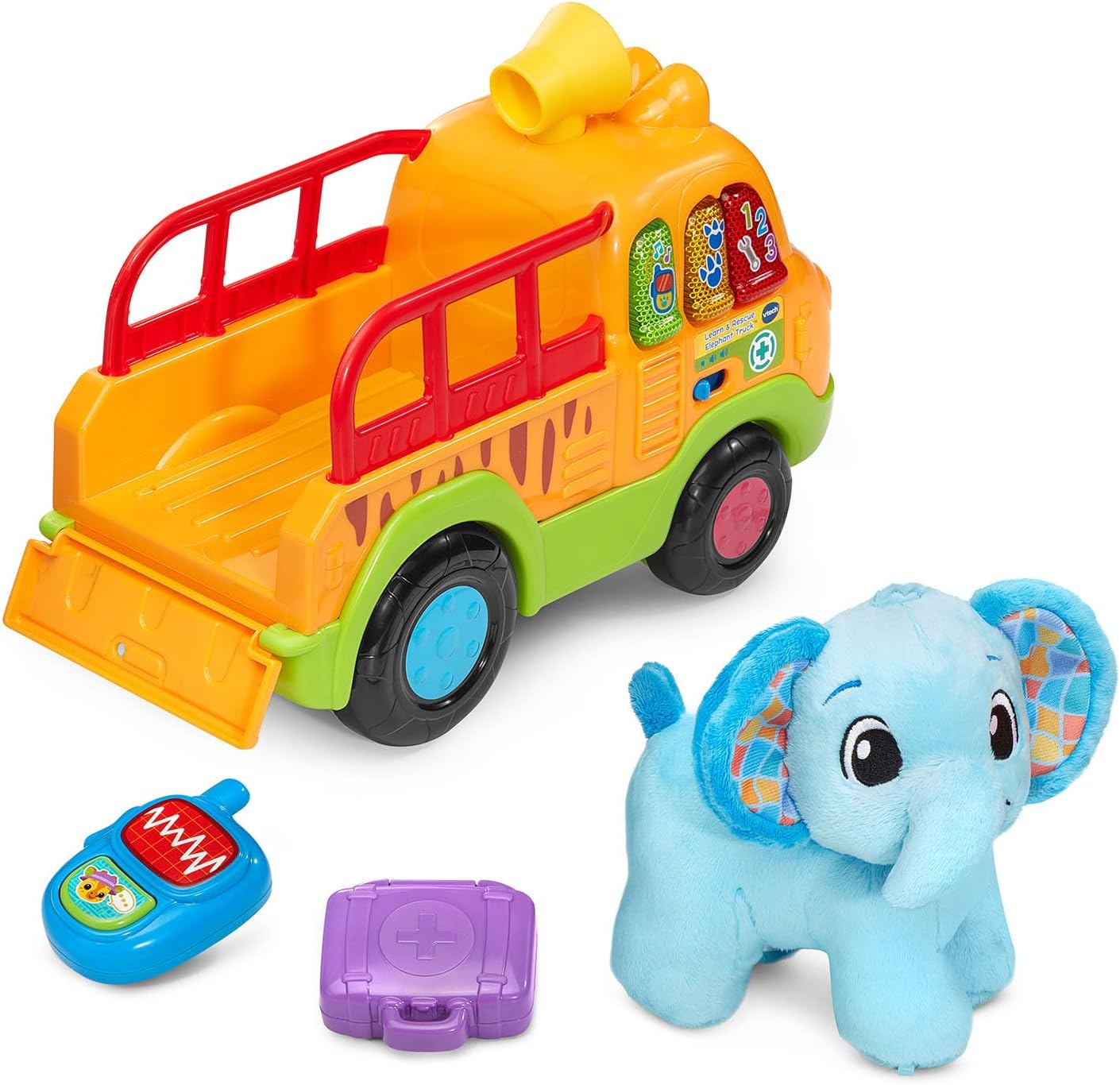 VTech Learn and Rescue Elephant Truck Pull Toy | Interactive Learning Rescue Truck with Plush Elephant, Lights, Sounds & Pretend Play for Toddlers