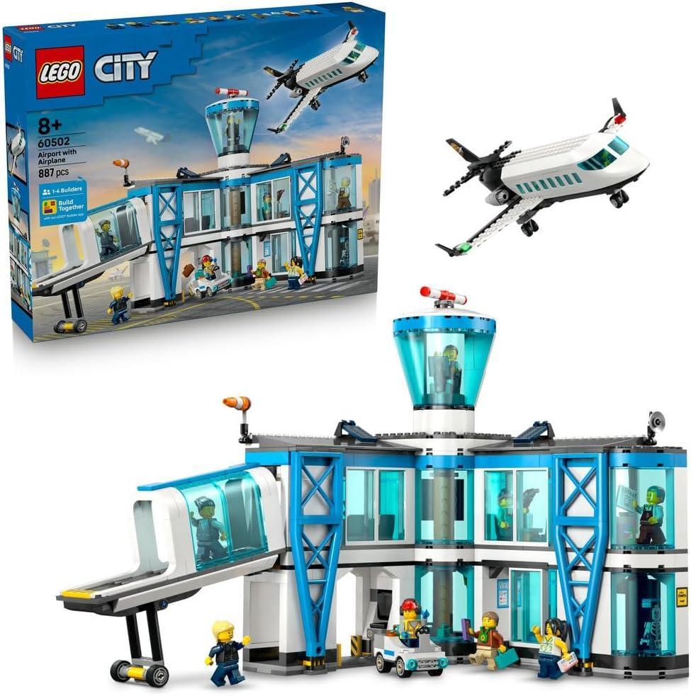 LEGO 60502 City Airport with Airplane Toy - Miniature Model Kit w/Terminal, Plane, Tug Car, Bridge, 9 Minifigures & Accessories - Birthday Gift Idea for 8+ Year Old Boys