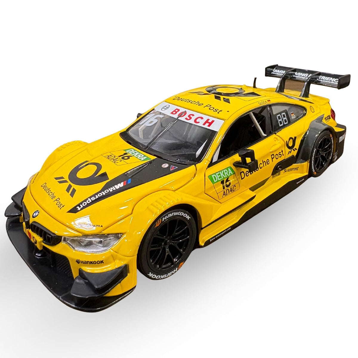 MSZ 1:24 Scale BMW M4 DTM Racing Diecast Model Car – Yellow Deutsche Post Edition, Metal Body Collectible with Detailed Interior, Opening Features & Display Model for Ages 14+