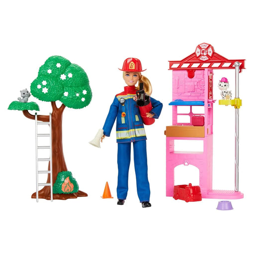 Barbie Careers Firefighter Doll & Playset with Fire Station & Tree, 2 Pets, Color-Change & 10+ Accessories Including Fire Extinguisher Squirt Toy - Jaiman Toys