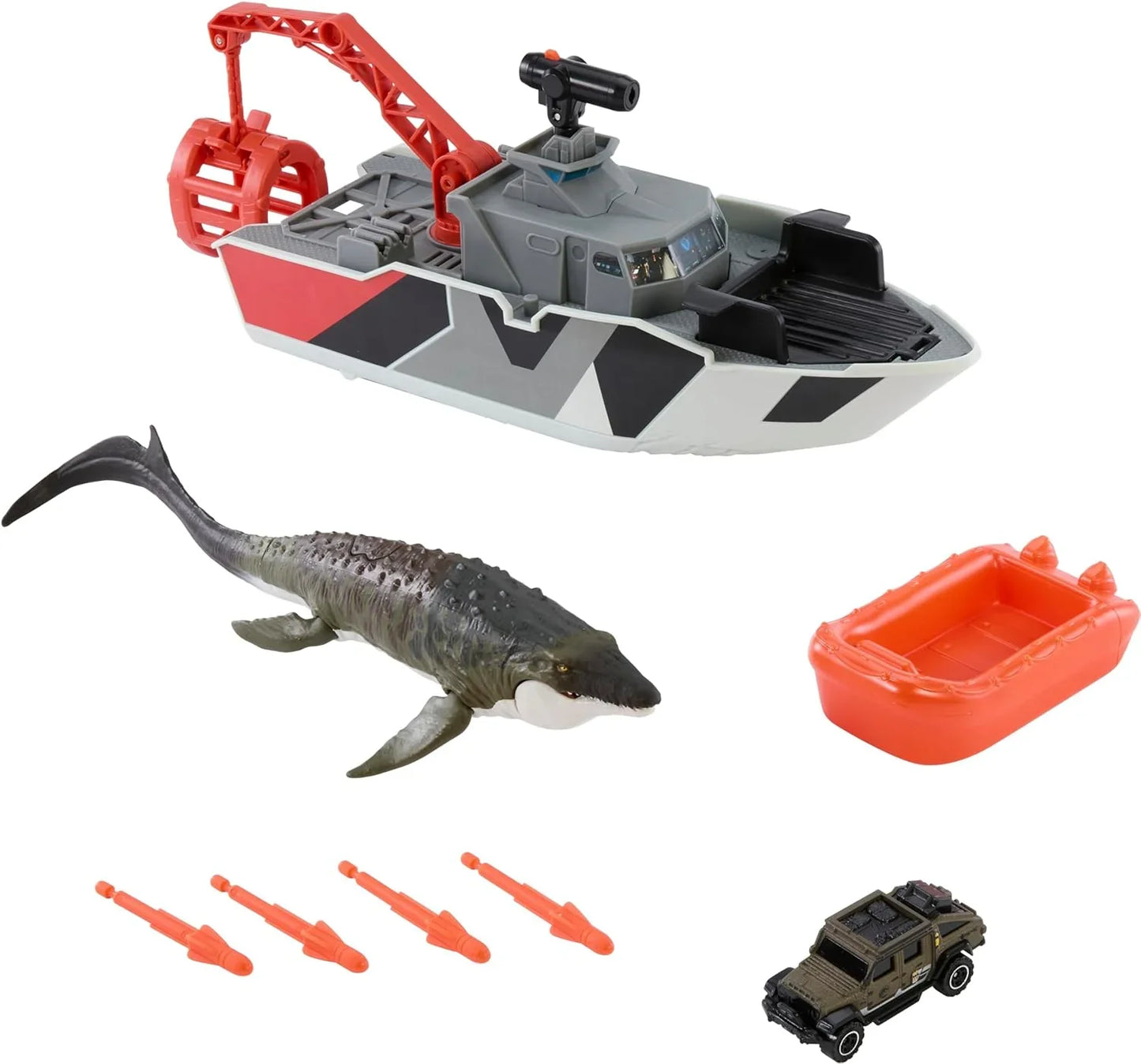 Matchbox JGG61 Jurassic World Jurassic World Playset with 12.5" Boat with 13" Mosasaurus 1:64 Scale Die-Cast Jeeps, Harpoon Missiles and Removable Rescue Boat