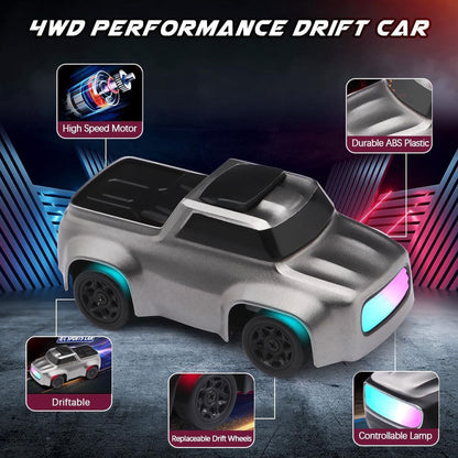 Mini 4WD Q197 1:64 Scale LED Drift RC Car – 2.4GHz Remote Control, Type-C Fast Charge, Adjustable Drift Modes (Grey)