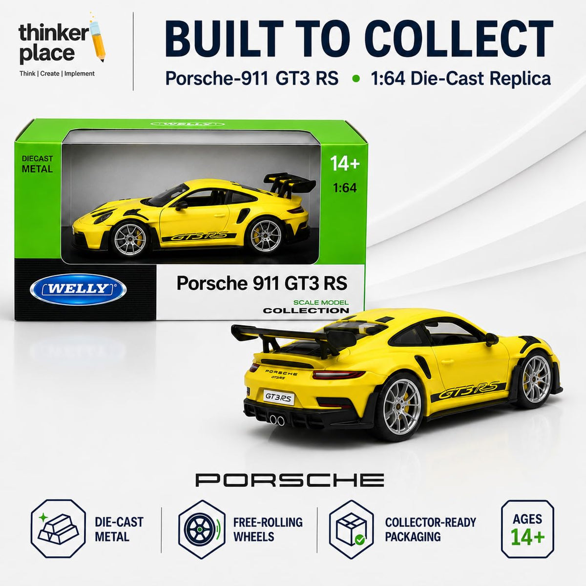 Welly 1:64 Porsche 911 GT3 RS (992) Yellow Die-Cast Metal Model Car