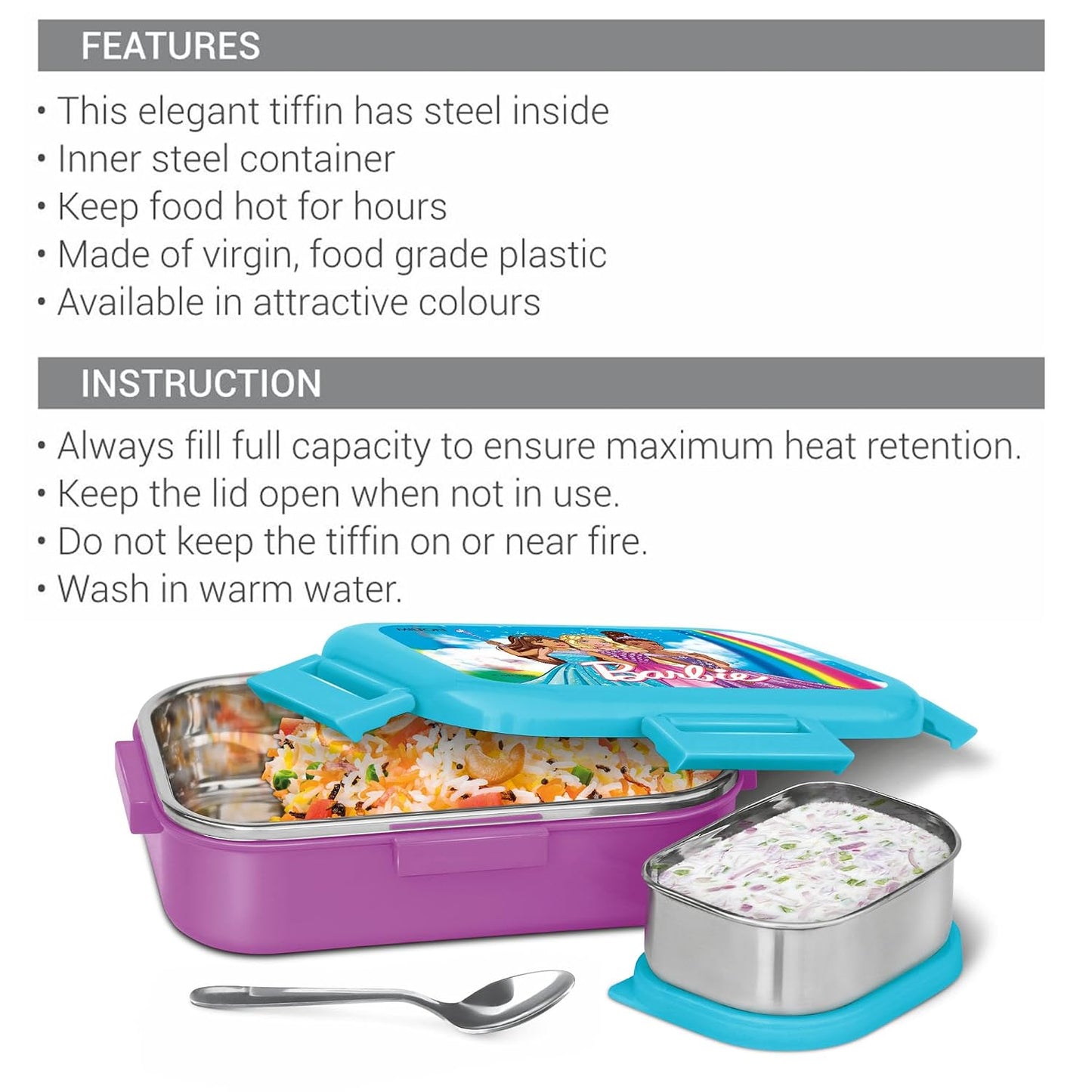 Milton Barbie Kids Lunch Box 700ml | School Tiffin Box with Secure Locking Clips | Portable Food Storage Container for School, Picnic & Travel