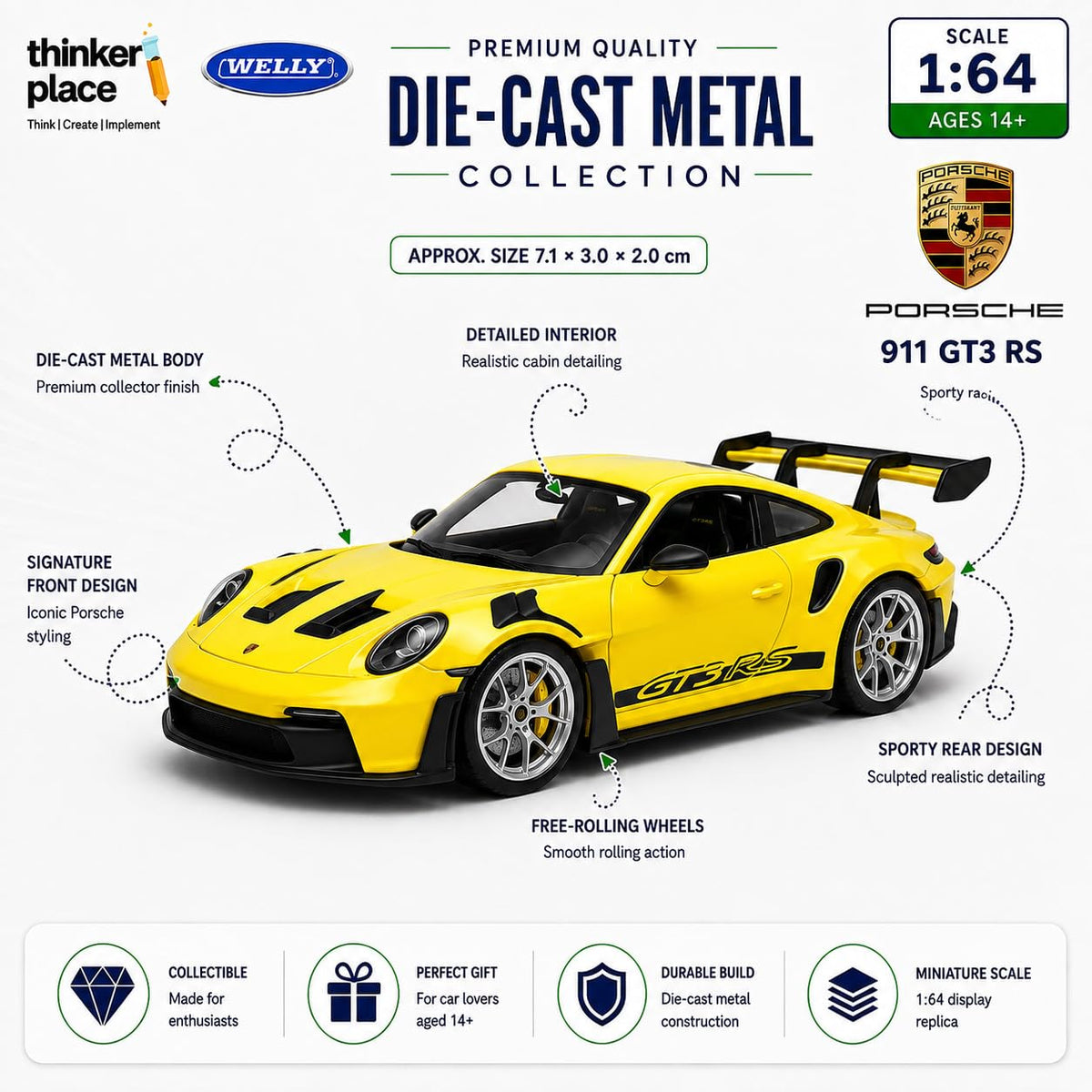 Welly 1:64 Porsche 911 GT3 RS (992) Yellow Die-Cast Metal Model Car