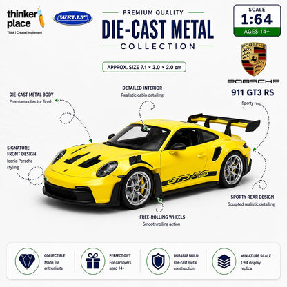 Welly 1:64 Porsche 911 GT3 RS (992) Yellow Die-Cast Metal Model Car