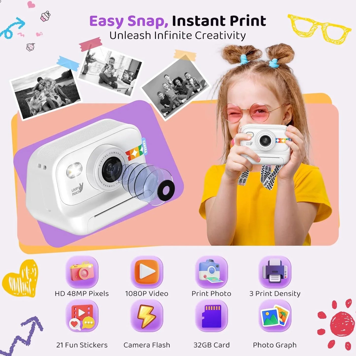 Instant Print Camera – 1080P Digital Video, Photo & Travel Toy Gift (White)