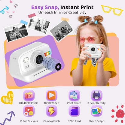 Instant Print Camera – 1080P Digital Video, Photo & Travel Toy Gift (White)