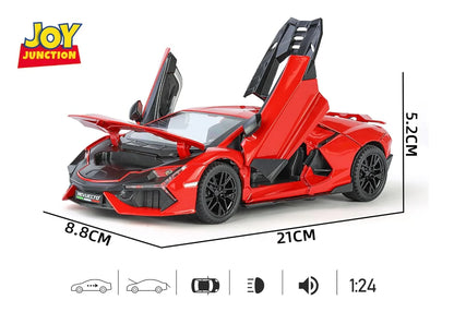 1:24 Lamborghini Street Car Die-Cast Metal Model – Pull Back Alloy Toy Car with Openable Doors, Light, Music & Display Bracket (Red) - Jaiman Toys