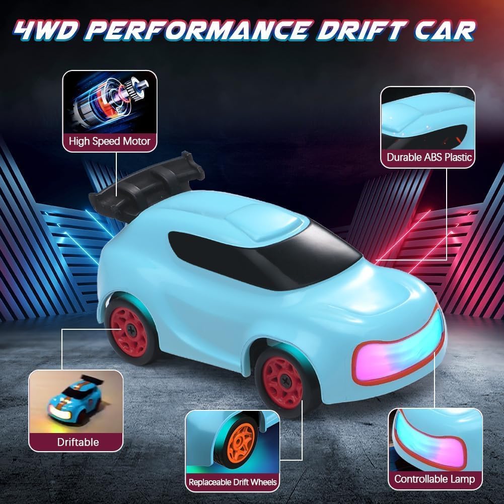 Mini 4WD Q197 1:64 Scale LED Drift RC Car – 2.4GHz Remote Control, Type-C Fast Charge, Adjustable Drift Modes (Blue)