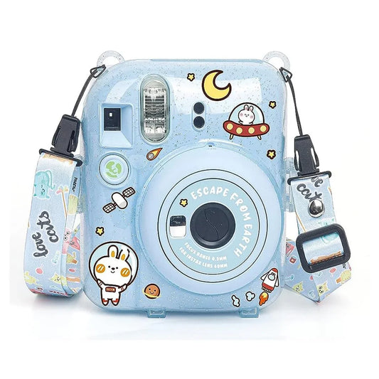 Fujifilm Instax Clear Storage Case for Instax Mini 12 Camera Case Transparent with Shoulder Strap and Camera Sticker with Photo Pocket for Store 10 Photos- Pastel Blue - Jaiman Toys