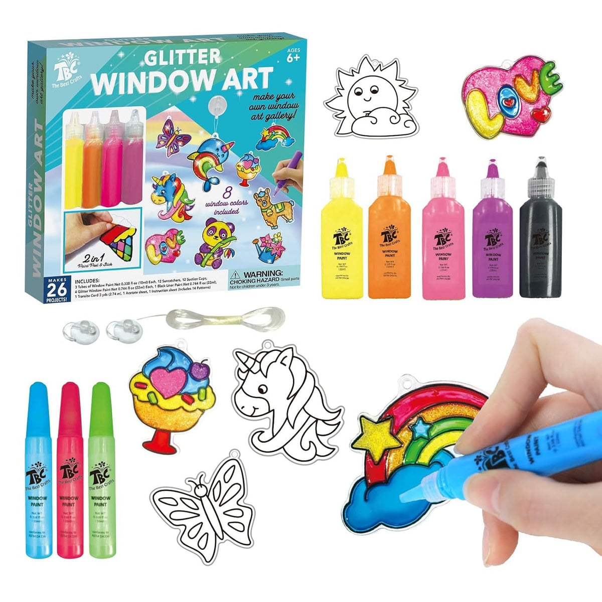 The Best Crafts Glitter Window Art Kit for Kids, 26 DIY Suncatcher Projects with 8 Window Paint Colors, Suction Cups & Design Patterns, Creative Arts & Crafts Activity Set for Boys & Girls Ages 6+, Birthday Gift