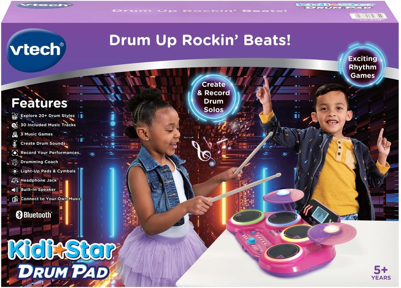 VTech KidiStar Drum Pad, Pink | Kids Electronic Drum Set with Bluetooth, Light-Up Drum Pads, Rhythm Games, Recording Function & Built-in Music Tracks | Interactive Musical Toy