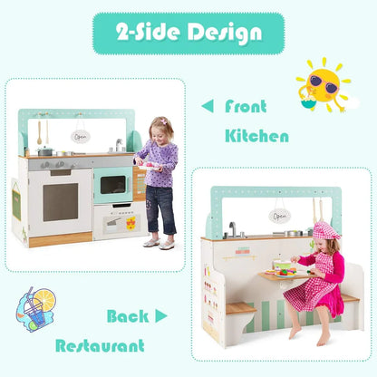 2 In 1 Kids Play Kitchen & Diner Restaurant Wooden Pretend Cooking Playset Kitchen Toys - Hw64636