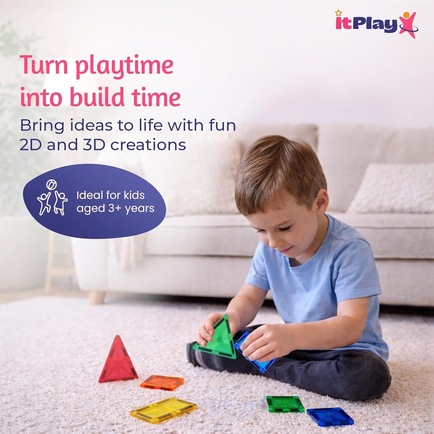 ItPlay Magnetic Tiles 34 Pieces Set for Kids | STEM Educational Magnetic Building Blocks Construction Toy