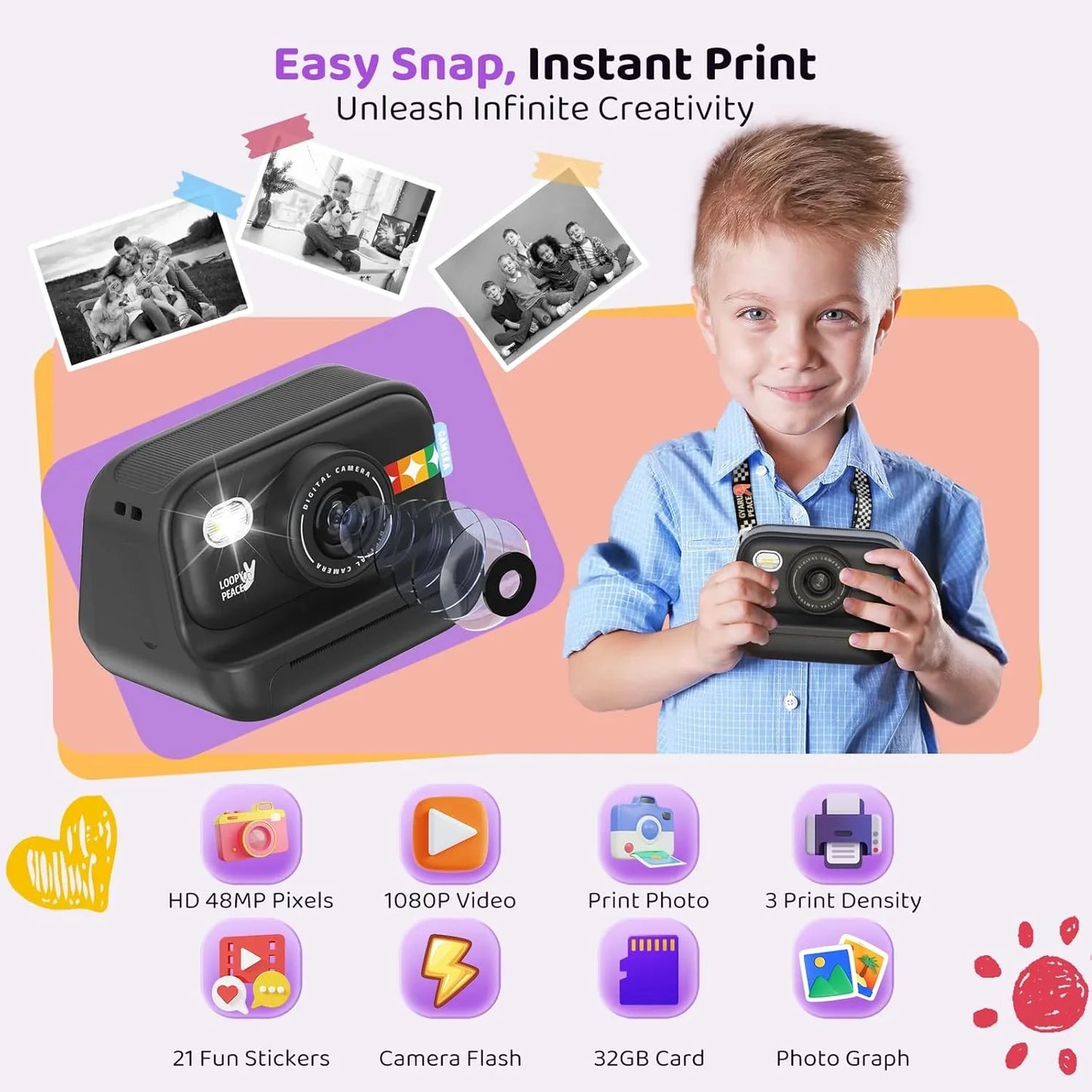 Instant Print Camera – 1080P Digital Video, Photo & Travel Toy Gift (Black)