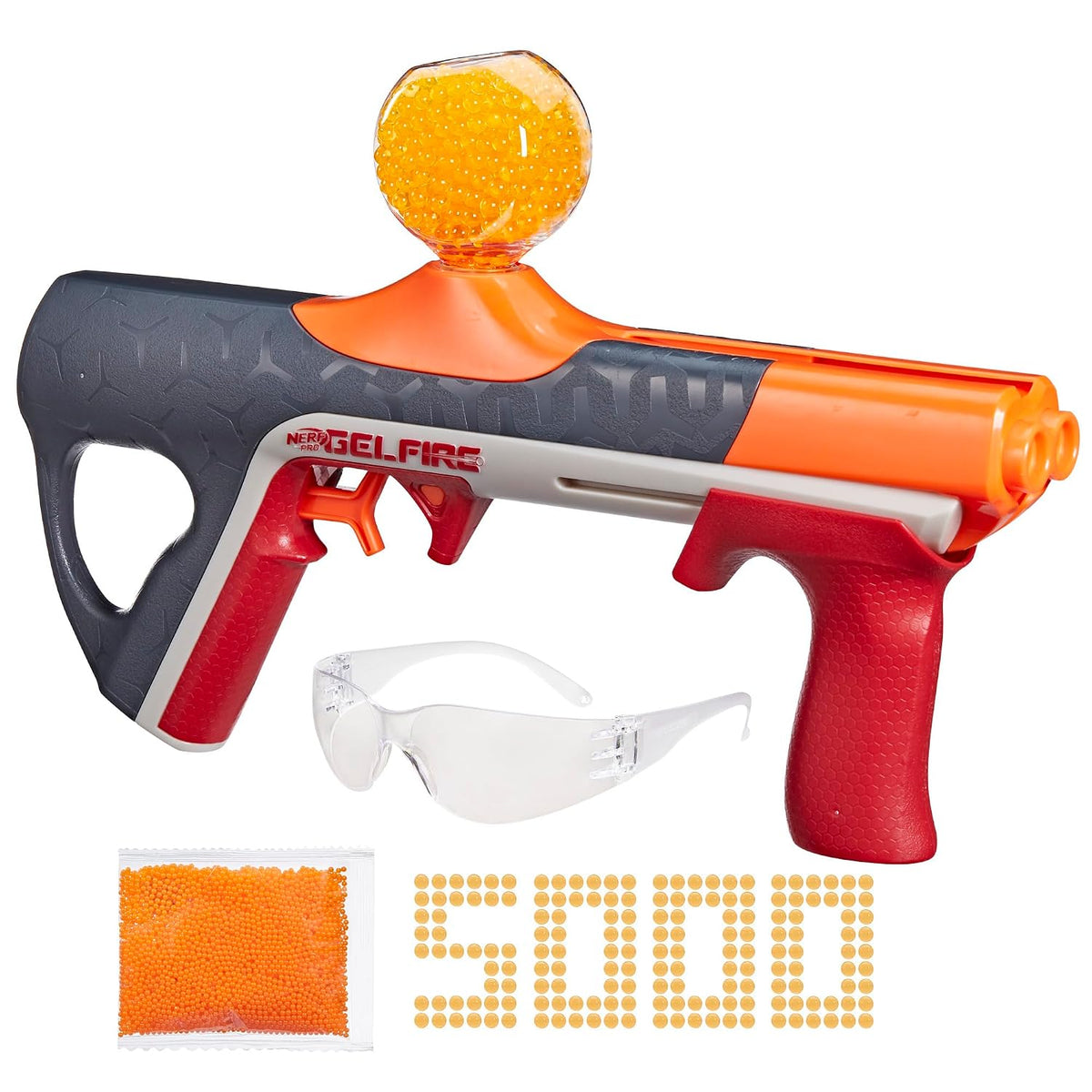 Nerf Pro Gelfire Quadrant Blaster with 5,000 Gel Rounds, 400-Round Hopper, 4-Round Slam Fire & Protective Eyewear, Up to 150 FPS – Ages 14+