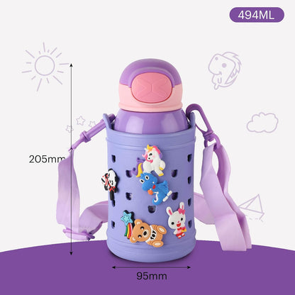 Kids Insulated Stainless Steel Water Bottle with Carry Pouch – Leakproof School Bottle with Shoulder Strap (Cute Cat Design)