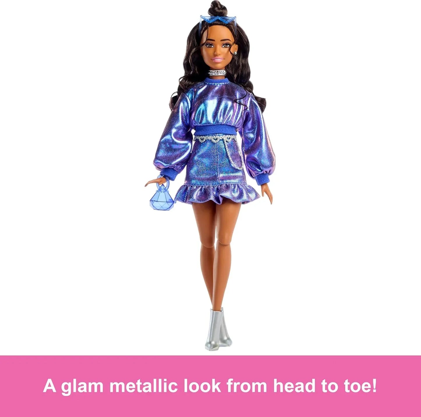 Barbie Deluxe Style Doll #7 – Metallic Blue Outfit, Wavy Brown Hair & Glam Accessories - Jaiman Toys