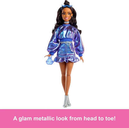 Barbie Deluxe Style Doll #7 – Metallic Blue Outfit, Wavy Brown Hair & Glam Accessories - Jaiman Toys