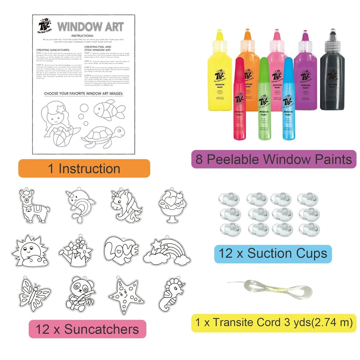 The Best Crafts Glitter Window Art Kit for Kids, 26 DIY Suncatcher Projects with 8 Window Paint Colors, Suction Cups & Design Patterns, Creative Arts & Crafts Activity Set for Boys & Girls Ages 6+, Birthday Gift