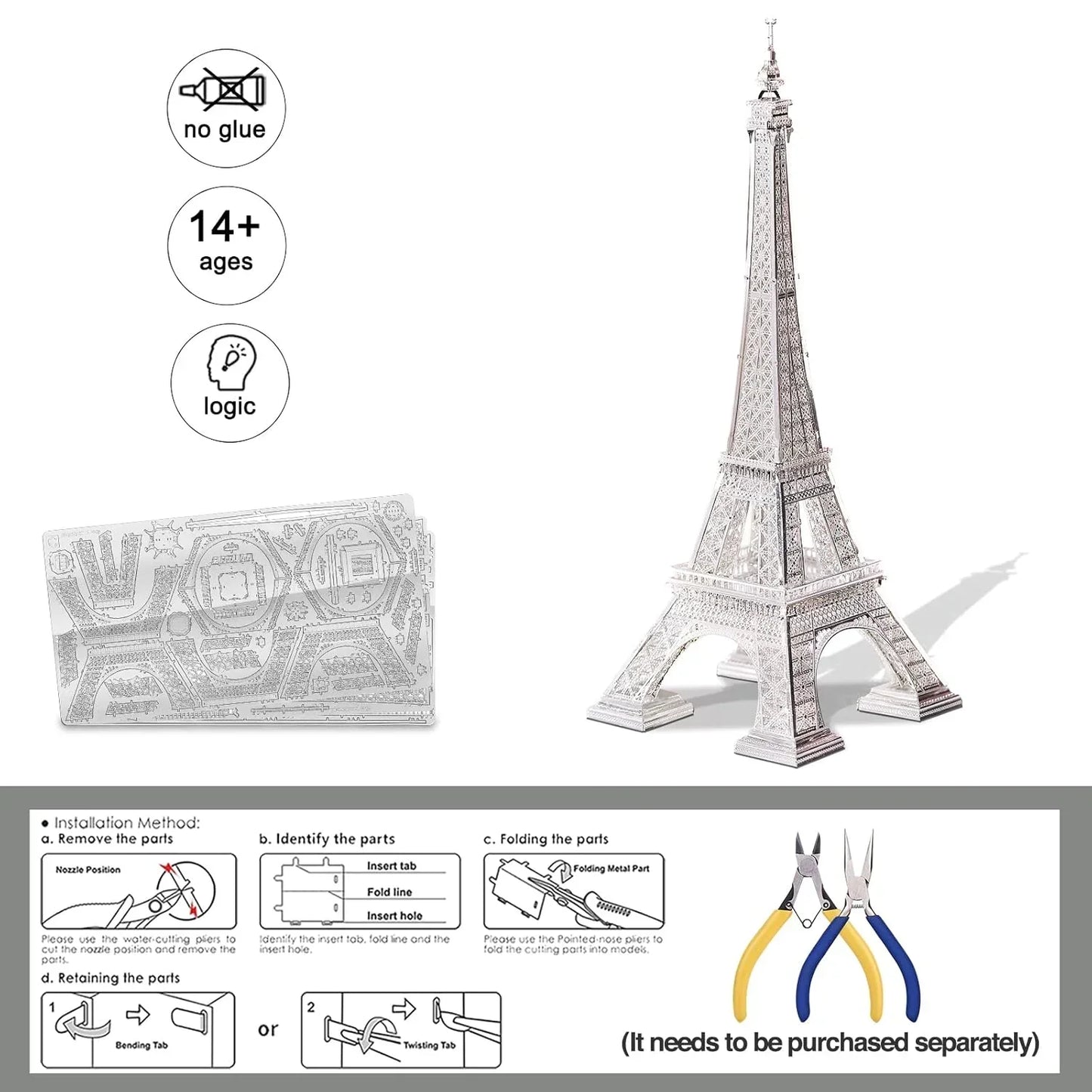 Piececool 3D Metal Puzzle Eiffel Tower (Large) Landmark Model – 96 Pieces – Level 3 Difficulty – Stainless Steel DIY Architecture Model Kit