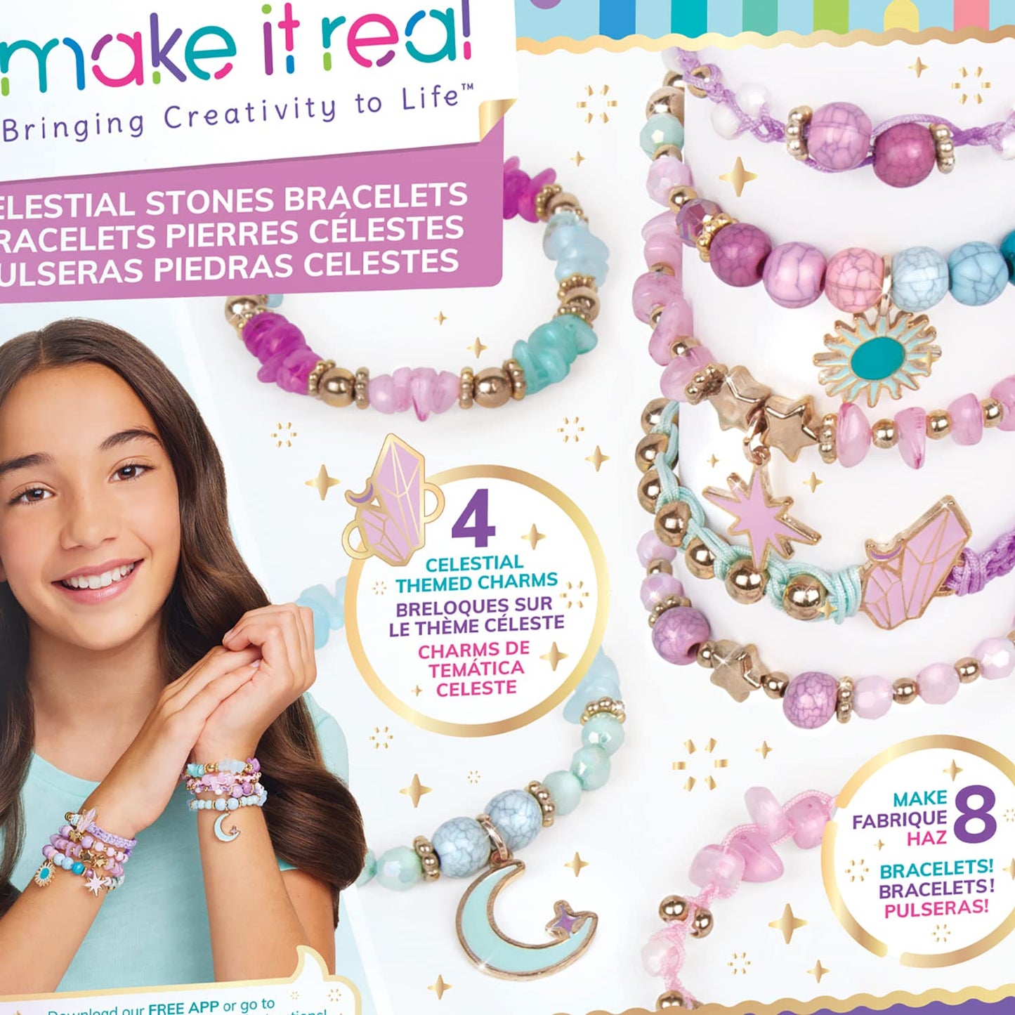 Make It Real Celestial Stones Bracelet Kit – DIY Jewelry Making Set for Kids | Create 8 Crystal-Inspired Charm Bracelets with 270 Pieces | Creative Craft Kit for Girls Ages 8+