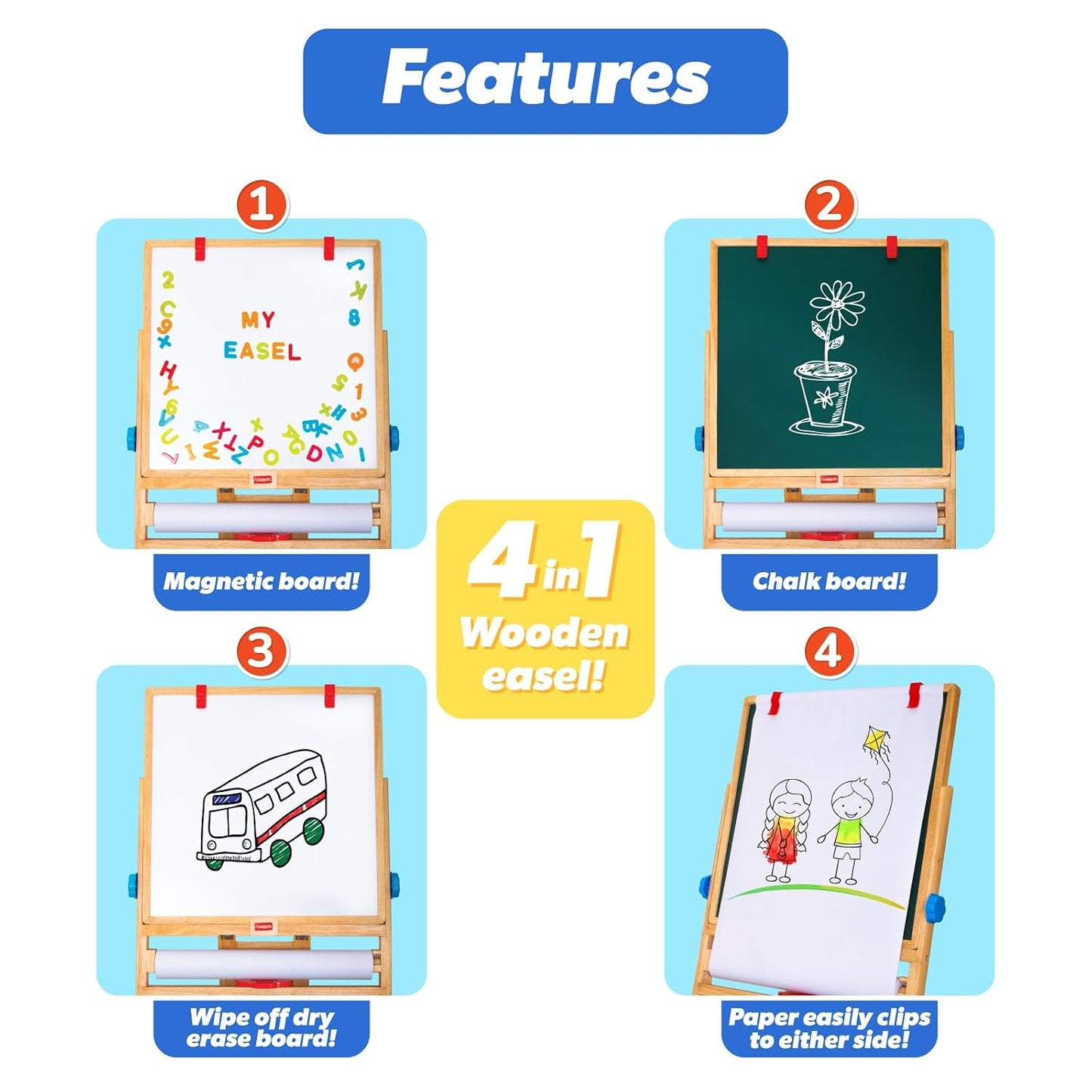 Giggles Funskool My First Easel, 4in1 Double Sided Wooden Magnetic Board with Alphabets & Numbers, Learning, Fun & Engaging Activity,
