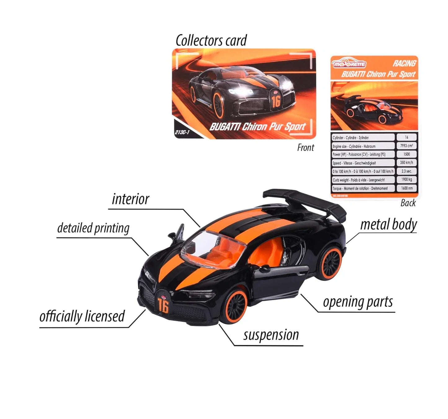 (Card Damage) Majorette Bugatti Chiron Pur Sport, Black Die-Cast Car Model-